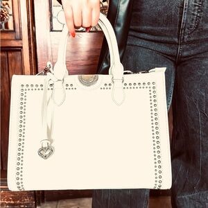 Brighton Jaxon White  Crossbody Tote Pebble Leather Silver Studs